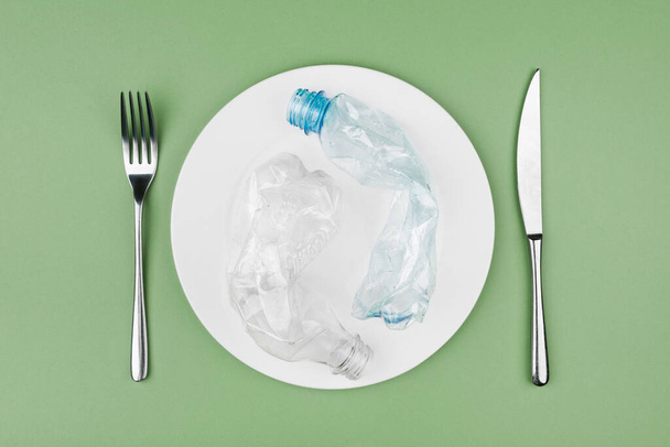 Lixo plástico e orgânico no prato
 - Foto, Imagem