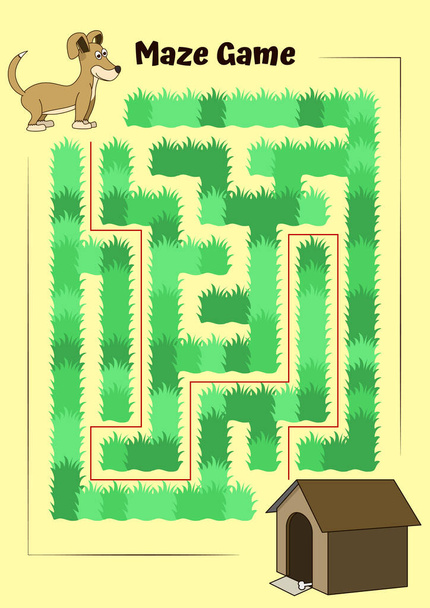 Perro y perro Maze.Educational juego para niños. Ayuda al perro a correr a su perrera - Laberinto rompecabezas con solución - Vector, imagen