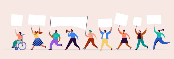 Crowd of protesters holding banners and placards. Political meeting, march, demonstration, parade. Group of men and women activists. Vector illustration - Vector, Image