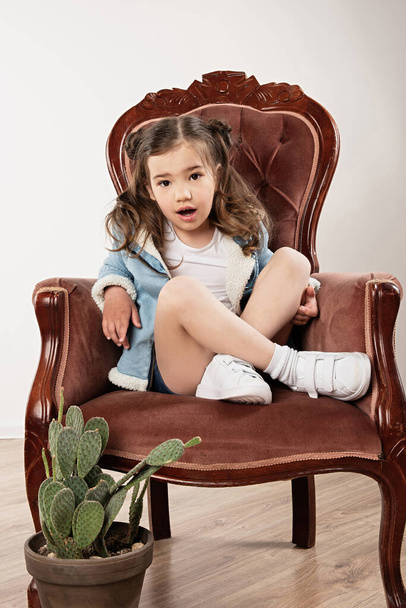 niña en chaqueta de mezclilla azul se sienta en la silla de color rosa suave, cactus verde se levanta en el suelo - Foto, Imagen