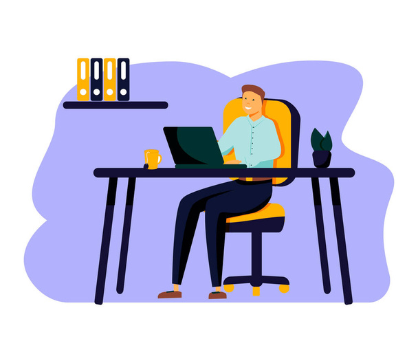 Nuori liikemies, ohjelmoija, luova ulkoistettu työntekijä istuu tuolilla työskentelemässä kannettavalla tietokoneella. Freelancer toimii etätyönä kotona tai Coworking Place Smart Device. Tasainen vektorikuva - Vektori, kuva