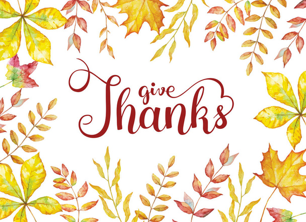 Gelukkige Thanksgiving tekst met aquarel herfst bladeren geïsoleerd op witte achtergrond. Herfst illustratie voor wenskaarten, uitnodigingen, citaten en decoraties. - Vector, afbeelding