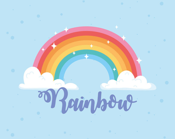 Regenbogen mit Wolken Magie Cartoon Schriftzug Dekoration - Vektor, Bild