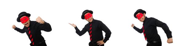 Fiatal férfi piros maszk elszigetelt fehér - Fotó, kép