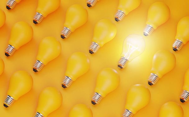 Stand Out Idea Concept. Glowing Bulb Between Unlit Yellow Bulbs Minimal. - Fotografie, Obrázek