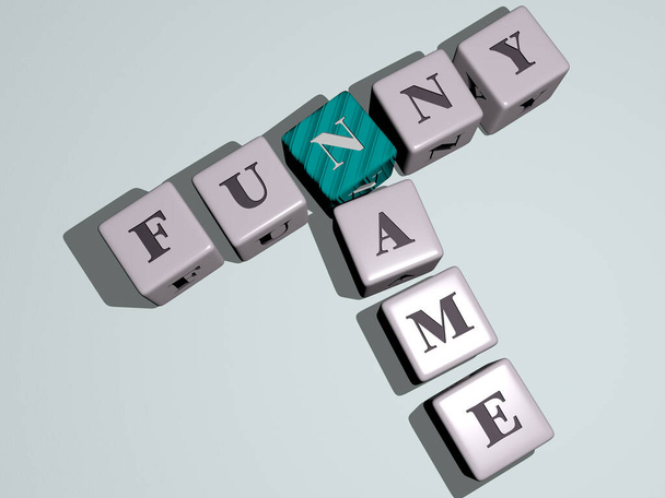 Kreuzworträtsel von FUNNY NAME, angeordnet durch kubische Buchstaben auf einem Spiegelboden, Konzept, Bedeutung und Präsentation. Illustration und Cartoon - Foto, Bild