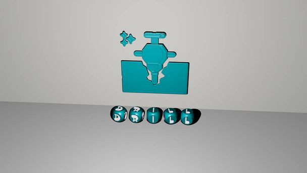 3D representation of drill with icon on the wall and text arranged by metallic cubic letters on a mirror floor for concept meaning and slideshow presentation. construction and equipment - Photo, Image