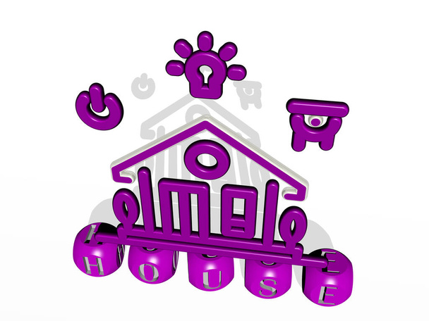 3D illustration of house graphics and text made by metallic dice letters for the related meanings of the concept and presentations. building and architecture - Photo, Image