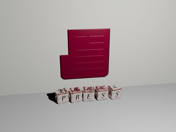 Représentation 3D de PRESSE avec icône sur le mur et texte arrangé par des lettres cubiques métalliques sur un plancher miroir pour la signification du concept et la présentation du diaporama. illustration et contexte - Photo, image