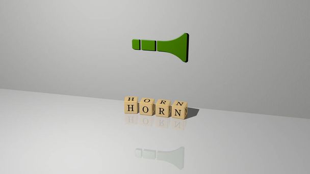 3D-Illustration von Horn-Grafiken und Text aus metallischen Würfelbuchstaben für die damit verbundenen Bedeutungen des Konzepts und der Präsentationen. Tier und Hintergrund - Foto, Bild