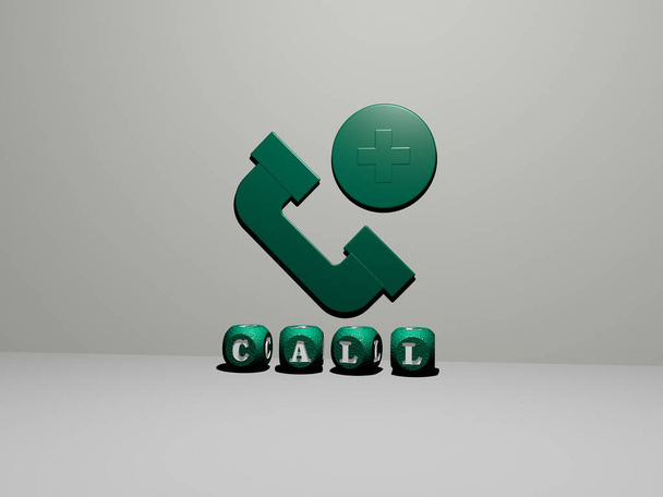 Rappresentazione 3D di CALL con icona sulla parete e testo disposto a lettere metalliche cubiche su un pavimento a specchio per il significato concettuale e la presentazione di slideshow. telefono e affari - Foto, immagini