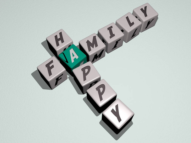 yhdistelmä FAMILY HAPPY rakennettu kuutiometriä kirjaimia ylhäältä näkökulmasta, erinomainen konseptin esittely. lapsi ja kaunis - Valokuva, kuva