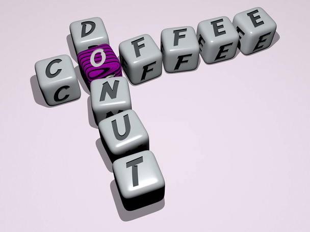 COFFEE DONUT combinado por letras de dados y cruce de color para los significados relacionados del concepto. fondo y copa - Foto, Imagen