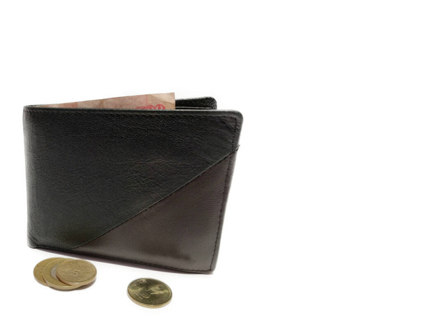 財布の中のお金とコイン白い背景の外 - 写真・画像