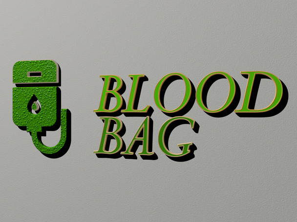 概念とプレゼンテーションの関連する意味のための金属ダイス文字によって作られた血液バッググラフィックとテキストの3Dイラスト。背景とケア - 写真・画像