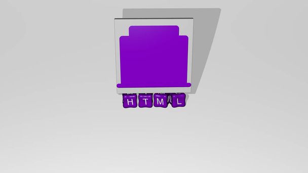 3D ilustracja grafiki html i tekst wykonany przez metalowe litery kości dla powiązanych znaczeń koncepcji i prezentacji. kod i komputer - Zdjęcie, obraz