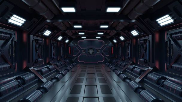 Science background fiction interiér vykreslování sci-fi koridory kosmické lodi červené světlo, 3D vykreslování - Fotografie, Obrázek
