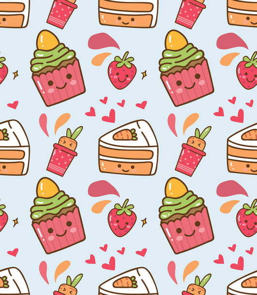 cute seamless vector illustration with sweet dessert food, cakes  - Vector, Image
