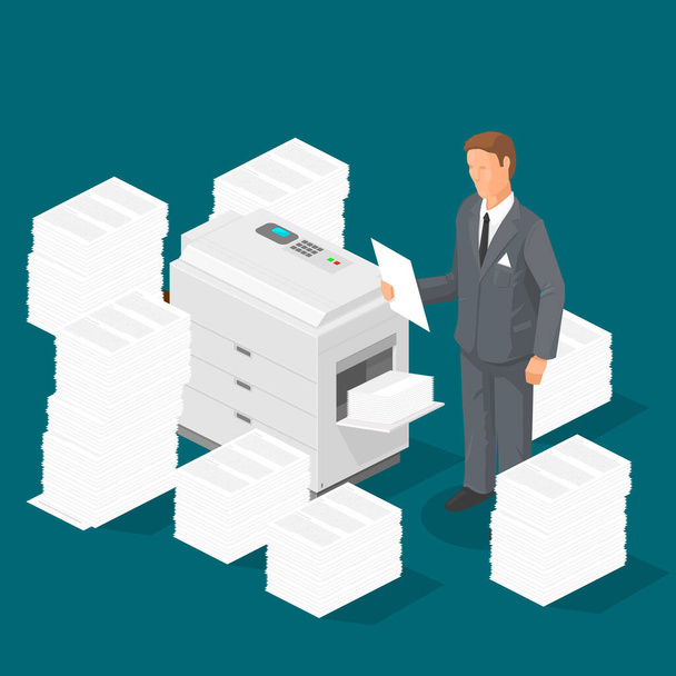 Isometrische kopieermachine omringd door stapels papier met zakenman - Vector Illustration - Vector, afbeelding