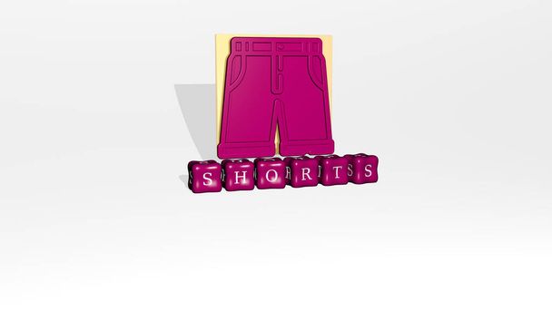 3D representation of shorts with icon on the wall and text arranged by metallic cubic letters on a mirror floor for concept meaning and slideshow presentation. beautiful and girl - Photo, Image
