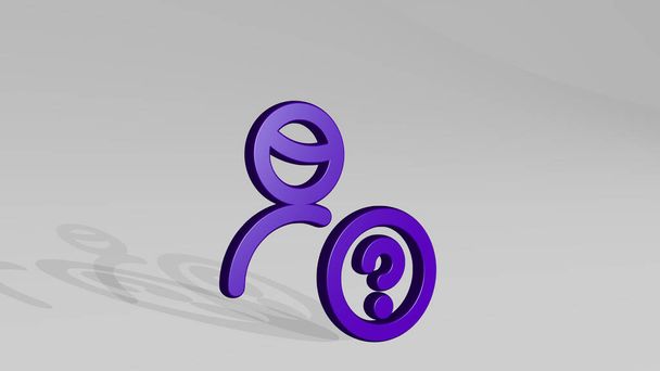 single man actions question made by 3D illustration of a shiny metallic sculpture with the shadow on light background. icon and isolated - Photo, Image