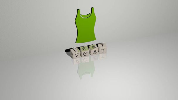 3D representation of VEST with icon on the wall and text arranged by metallic cubic letters on a mirror floor for concept meaning and slideshow presentation. background and illustration - Photo, Image