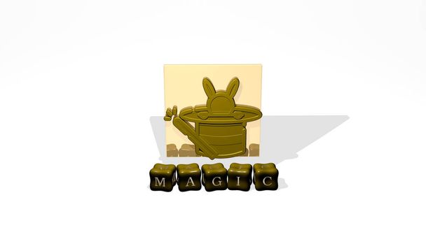 3D-grafisches Bild von MAGIC vertikal zusammen mit Text, der aus metallischen kubischen Buchstaben aus der Perspektive von oben gebaut wurde, hervorragend für die Konzeptpräsentation und Diashows. Abbildung und Hintergrund - Foto, Bild