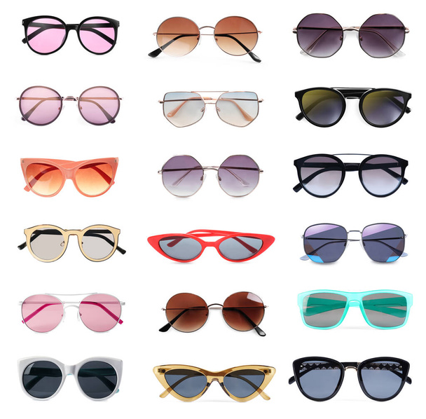 Collage with different stylish sunglasses on white background - Photo, image