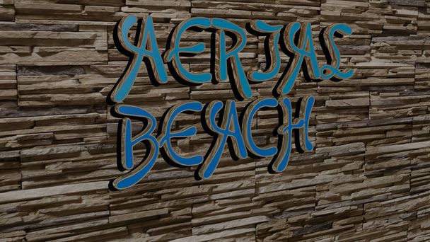 Az AERIAL BEACH grafikák 3D illusztrációja és fémkocka betűkkel készített szöveg a fogalom és a prezentációk kapcsolódó jelentéseihez. kilátás és város - Fotó, kép