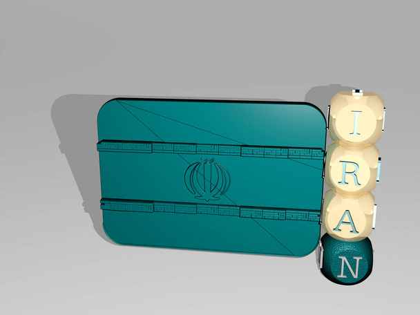 3D illustratie van iran graphics en tekst rond het icoon gemaakt door metalen dobbelstenen letters voor de gerelateerde betekenissen van het concept en presentaties. architectuur en azië - Foto, afbeelding