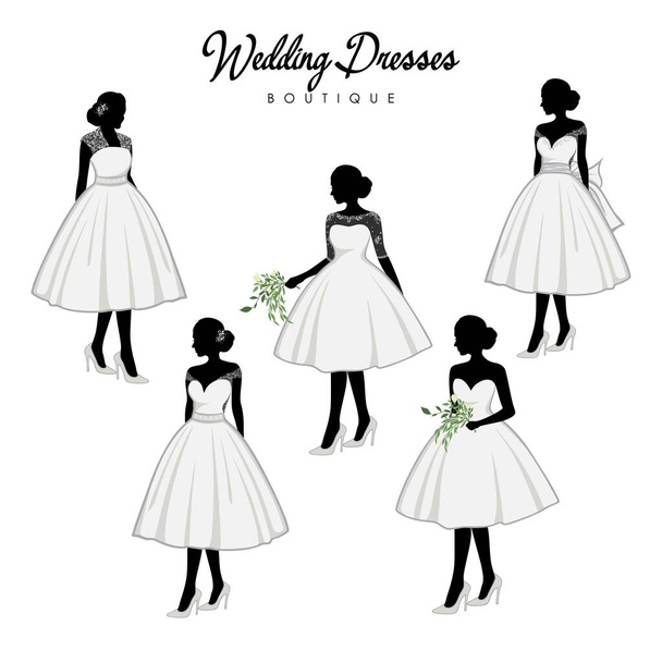 Hermoso vestido corto nupcial Boutique Logo Ideas Set, Logo del vestido, Hermosa novia con ramo de flores, Plantilla de diseño vectorial - Vector, imagen