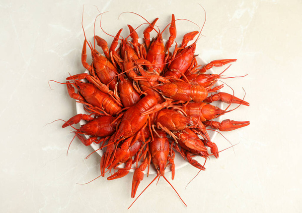 Delicious boiled crayfishes on light grey marble table, top view - Foto, Imagem