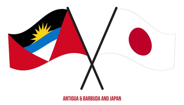 Αντίγκουα & Μπαρμπούντα και η Ιαπωνία Σημαίες σταυρωμένα & κυματίζοντας επίπεδη στυλ. Επίσημη αναλογία. Διορθωμένα χρώματα. - Διάνυσμα, εικόνα