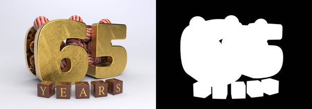 Номер 65 (кількість шістдесяти п'яти) ювілейний дизайн святкування з круглими цукерками та напис роками з кубиків на білому тлі з тіні та альфа-каналі. 3D ілюстрація
 - Фото, зображення