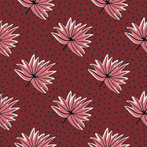 Stylized seamless pattern with hand drawn tropical leaves. Red background with dots and pink outline foliage. Great for wrapping paper, textile, fabric print and wallpaper. Vector illustration. - Wektor, obraz