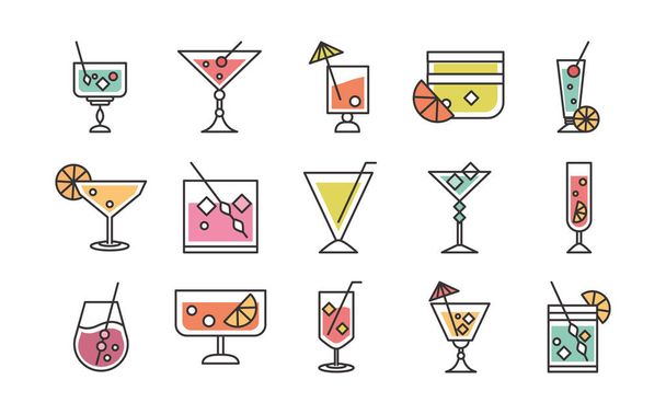икона коктейля пить ликер освежающий стакан спирта чашки праздник иконы установить - Вектор,изображение