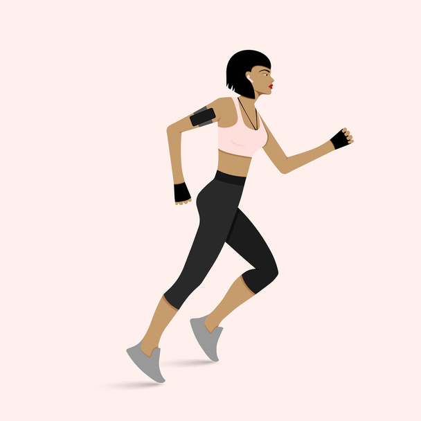 Жінка біжить під час тренувань з фітнесу Векторні ілюстрації. Спортсмен зі смартфоном слухає музику і бігає під час тренувань
.  - Вектор, зображення