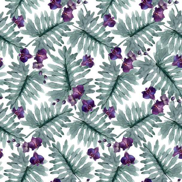 Beautiful seamless pattern with watercolor tropical leaves and orchid flowers. Stock illustration - Photo, image