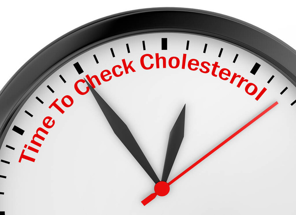 Tijd om cholesterol niveau alarmerende bericht op concept klok 3d rendering controleren - Foto, afbeelding