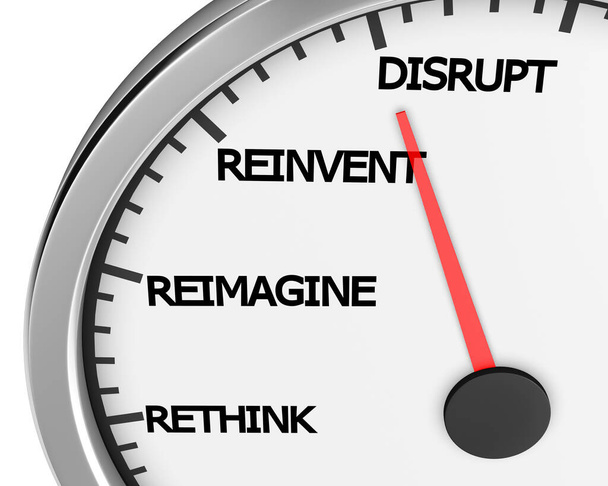 Přerušit Rethink Reimagine Reinvent Speedometer Words Change 3d Illustration rendering - Fotografie, Obrázek