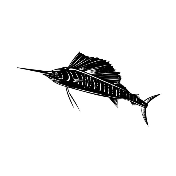 Retro woodcut tyyli kuva Atlantin purjekala tai Indo-Pacific purjekala, kala suvun istiophorus punajuuria, hyppäämällä ylös katsottuna sivulta eristetty tausta tehdään mustavalkoinen. - Vektori, kuva