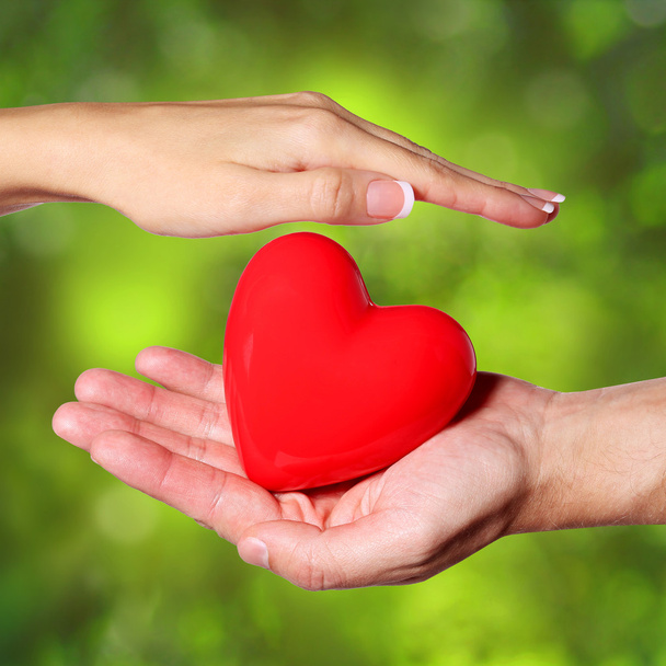 Valentine srdce v ženských a mužských rukou, nad přírodou - Fotografie, Obrázek