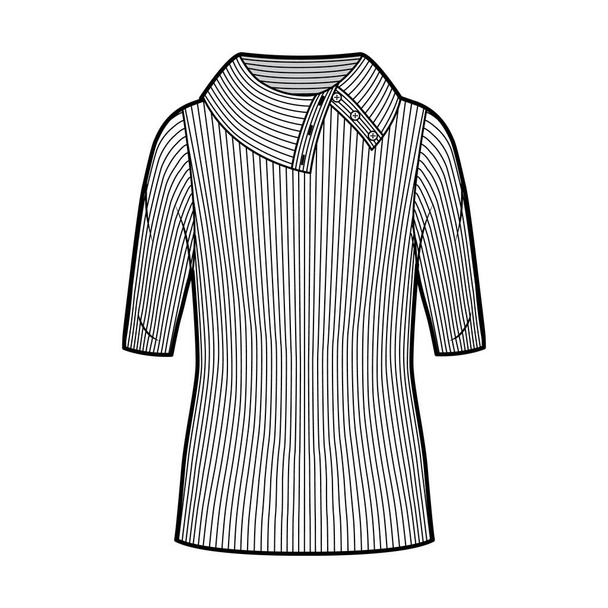 Широка кнопка з ребристим в'язаним светром технічна модна ілюстрація з ліктьовими рукавами, крупним планом
  - Вектор, зображення