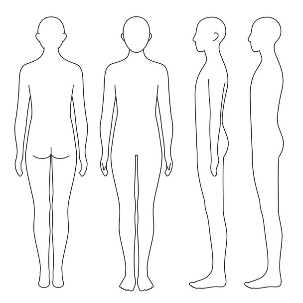 human body model, outline, front, back and side, vector file set,  monochrome illustration - Vettoriali, immagini