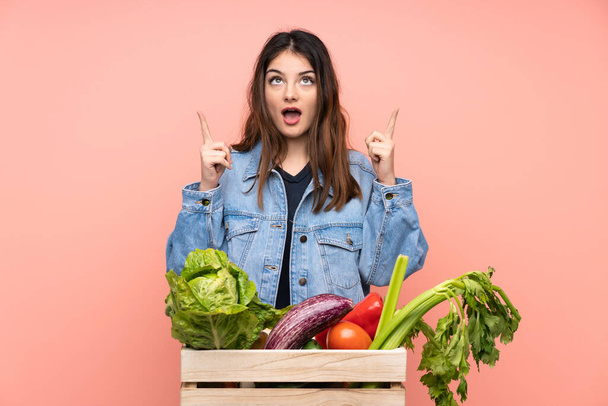Jeune agricultrice tenant un panier plein de légumes frais pointant avec l'index une excellente idée - Photo, image
