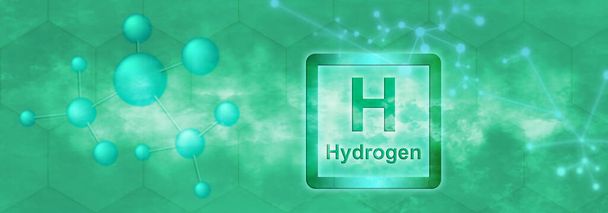 Symbol H. Chemický prvek vodíku s molekulou a sítí na zeleném pozadí - Fotografie, Obrázek