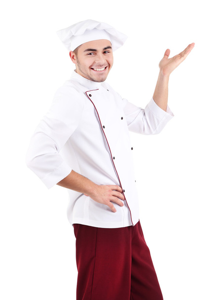 Professional chef in white uniform and hat, isolated on white - Foto, Imagem