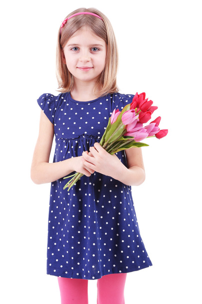 Beautiful little girl holding bouquet isolated on white - Fotografie, Obrázek