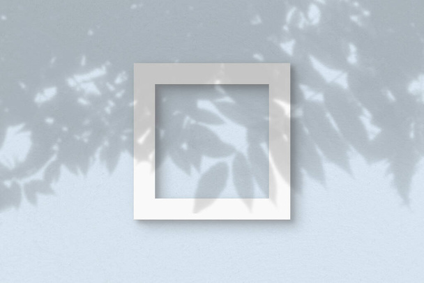 Čtvercový list bílého texturovaného papíru na pozadí modré stěny. Mockup s vrstvou rostlinných stínů. Přírodní světlo vrhá stíny z listů exotické rostliny. Byt ležel, horní pohled. - Fotografie, Obrázek