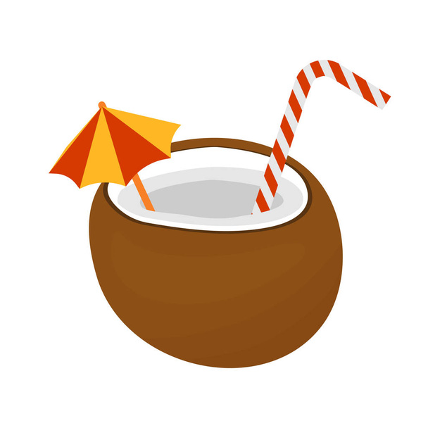 Coconut cocktail with striped straw and umbrella - Vector, Image